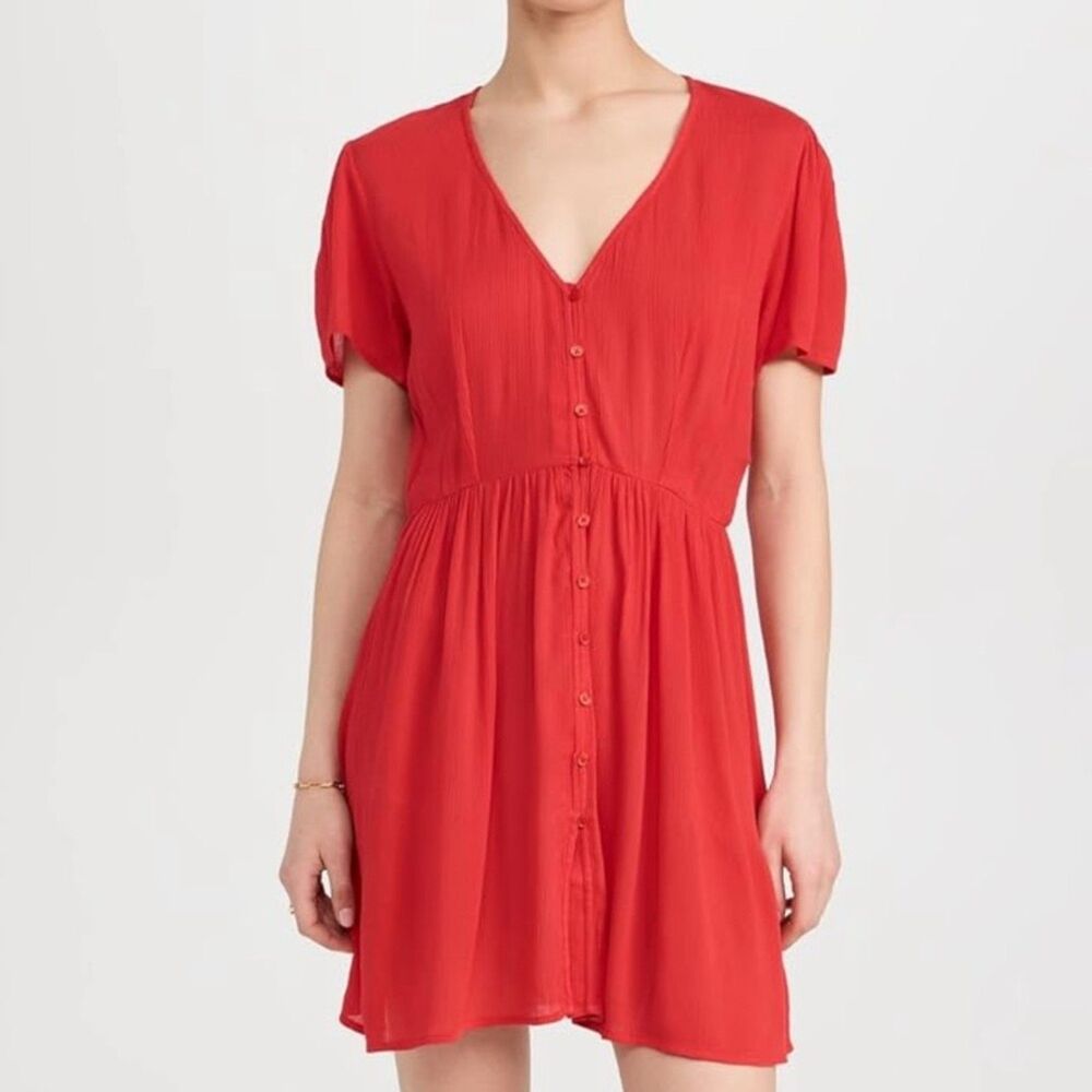 NWT Playa Lucila Bright Red Short Sleeve Button Down Textured Viscose Dress